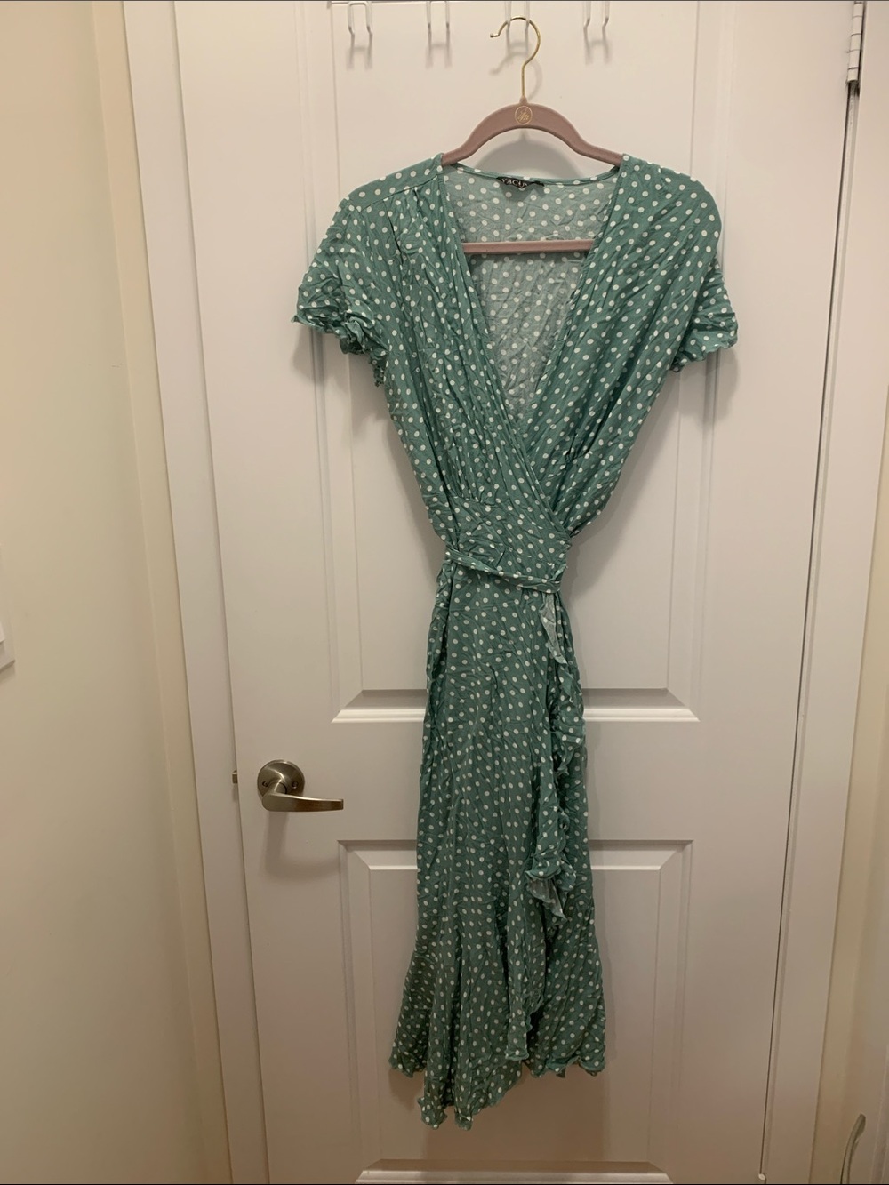 Sage Green Polka Dot Wrap Maxi Dress with Ruffle Trim